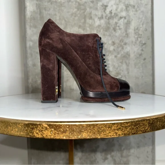 Chanel Brown Suede Leather Platform Lace Up Block Heeled Oxford Boot - Picture 1 of 17